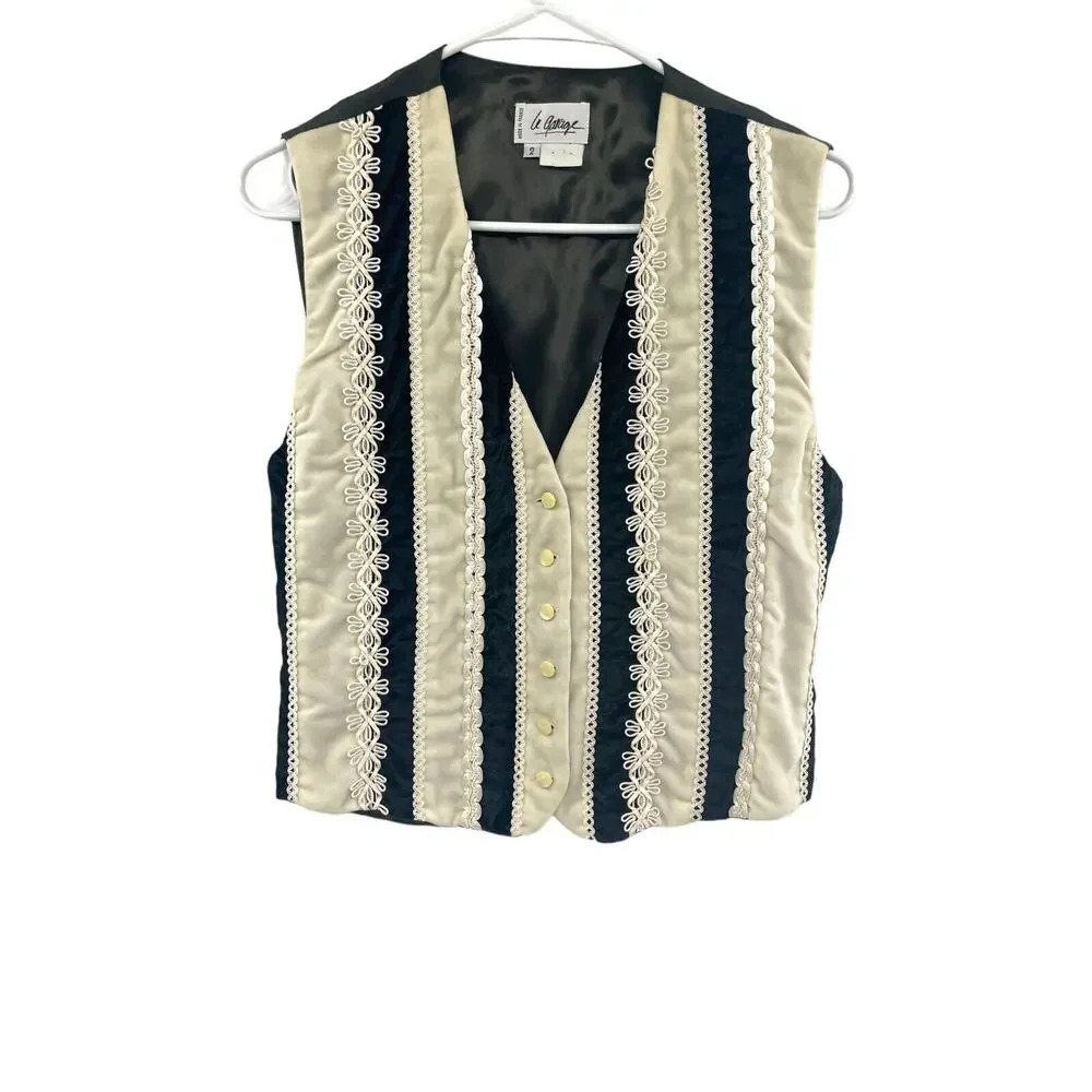 Le Garage Women's Button Down Vest Size 2 Gilet with Lace Black & White Striped